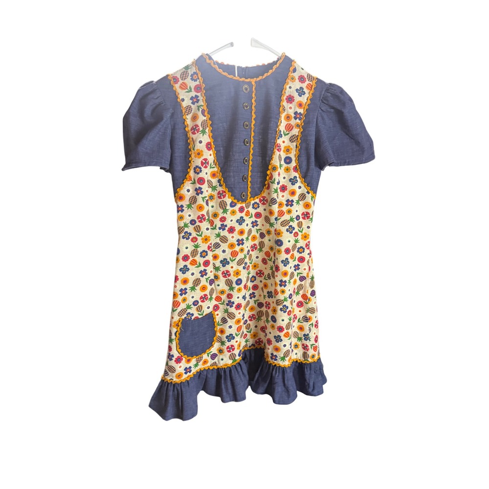 Vintage Jodette of California Floral Pinafore Ric Rac Chambray Dress Blue Multi